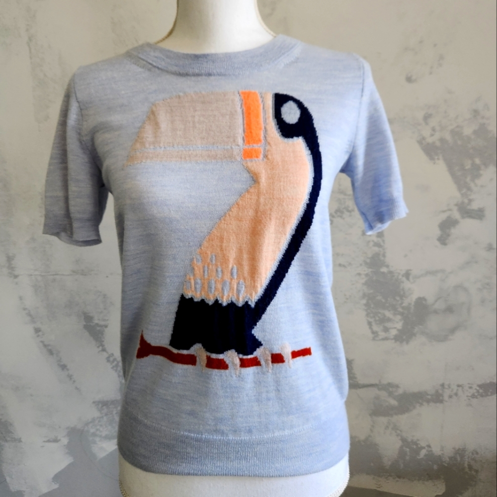 JCrew Light Blue Toucan Short Sleeve Merino Wool Sweater Size XS.
